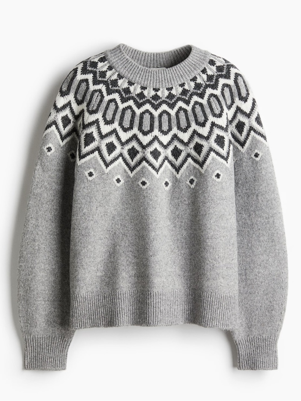 H&M Light Gray Melange Fair Isle Jacquard Knit Sweater Ski Lodge Cabin Outdoors